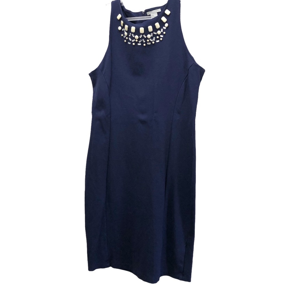 H&M Sleeveless Sheath Dress with Bead Decorated Front Neck W Size M Navy Blue
